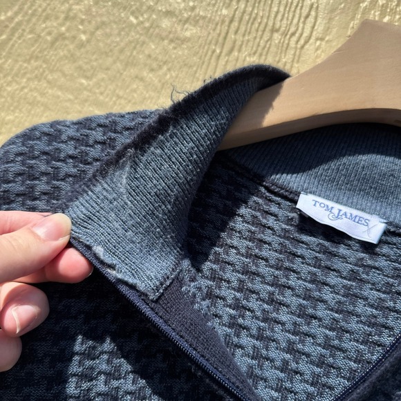 Tom James Quarter Zip Pullover Sweater Textured Knit Blue Cotton Blend Mens M/L - Picture 10 of 12
